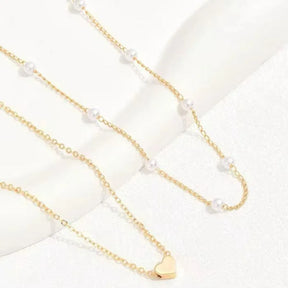 Colar Duplo com Pérolas e Pingente de Coração