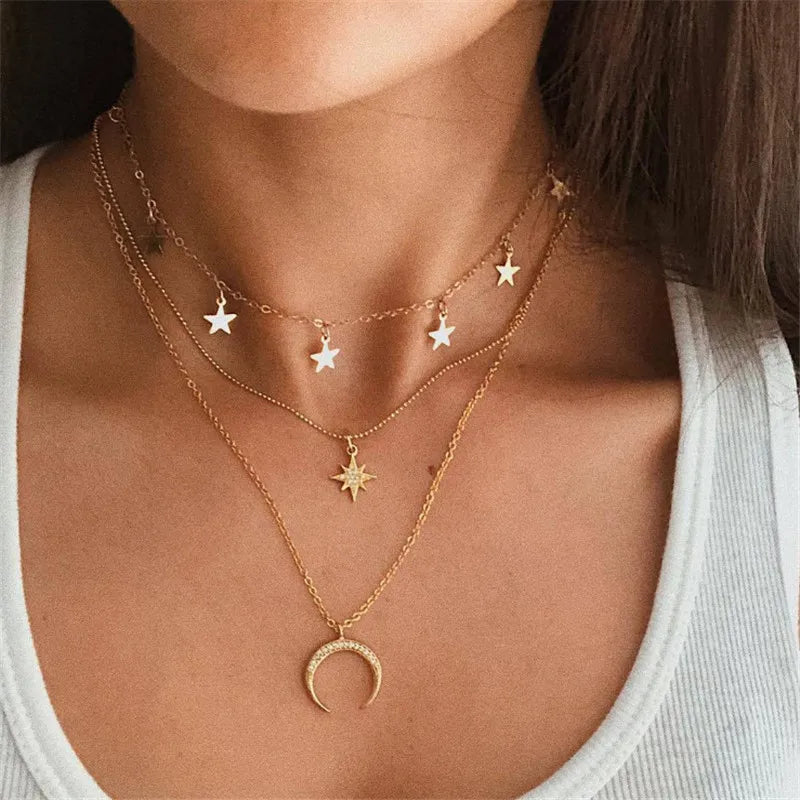 Colar Triplo Estrelas e Lua